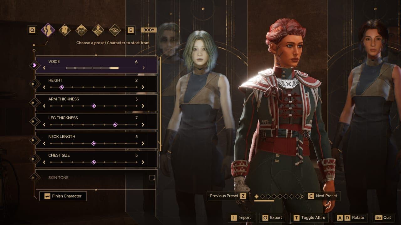 The character creator screen with three customised characters side by side in Dune: Awakening