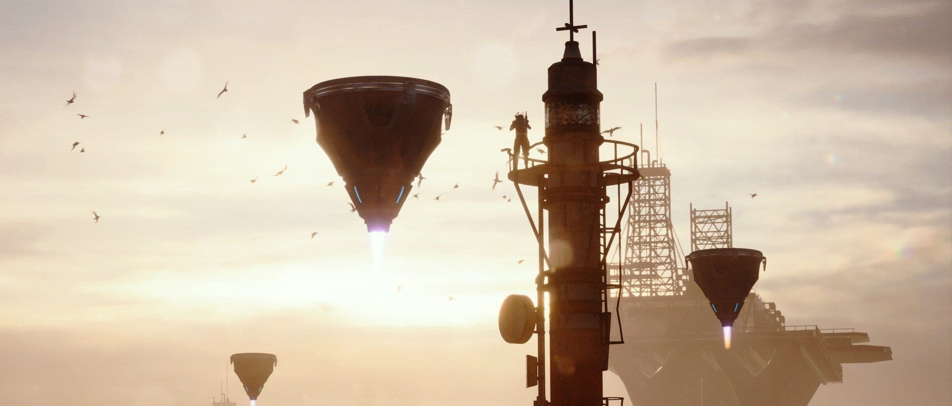 Cone-shaped ARC Turbines float on blue thrusters past a Raider standing on a mast at a coastal dockyard at sunset