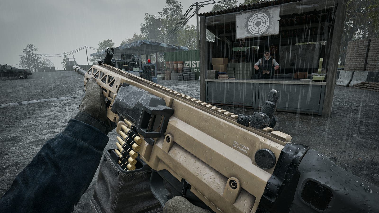 A tan belt-fed Evo-3 Ultra machine gun held in first person beside a vendor stall