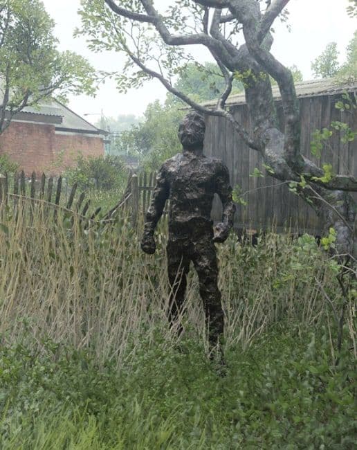 A Statue, a human figure of dark stone, standing in long grass beside a wooden fence