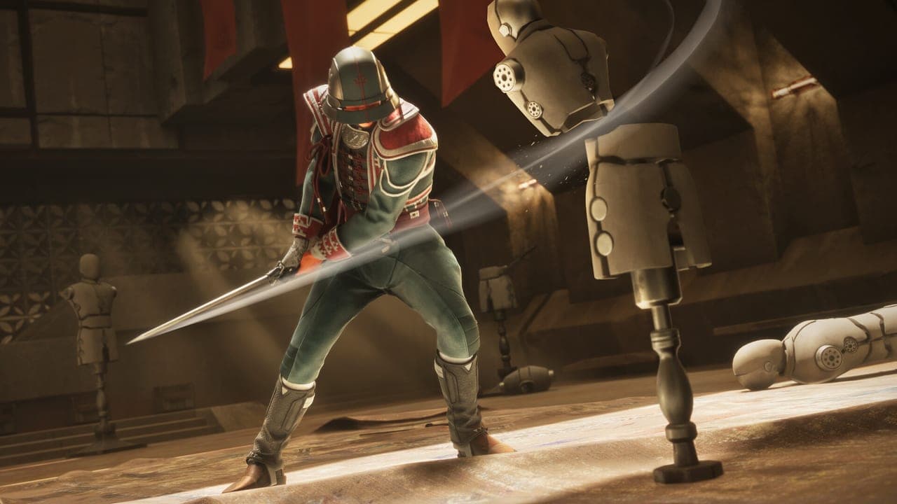 A swordsman in a red tunic swings a blade beside training dummies in Dune: Awakening