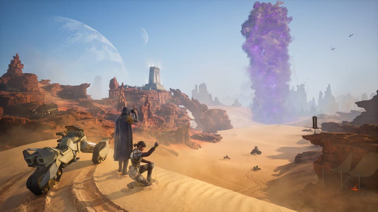 A group of travellers on a dune watches a purple spice blow under two moons in Dune: Awakening