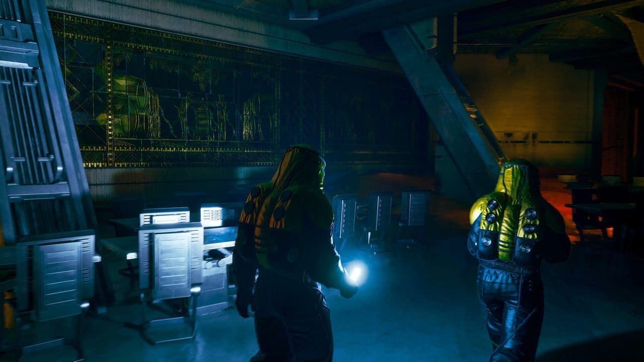 Players with torches explore a dark green-lit laboratory corridor in Dune: Awakening