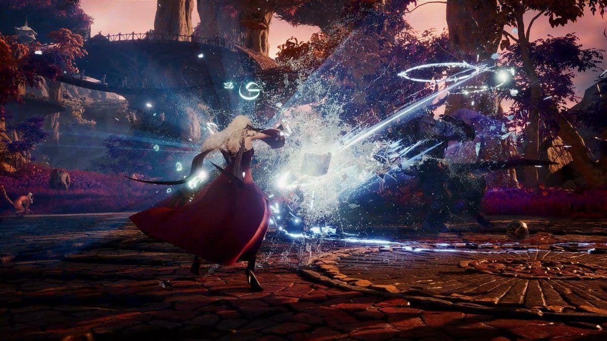 A caster in a red coat unleashes a burst of ice in a close-range fight in Aion 2