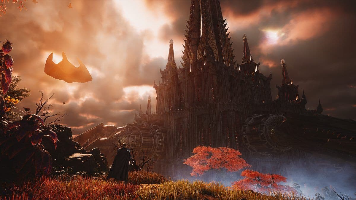A dark gothic spire rises under a stormy red sky with a floating island beyond it in Aion 2
