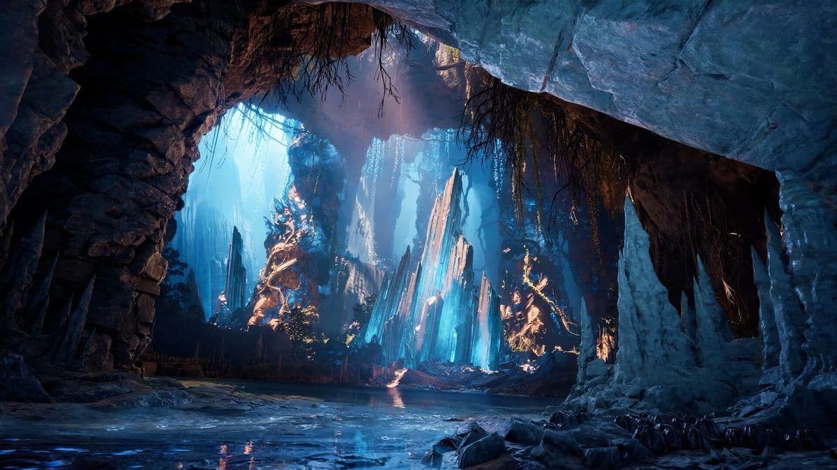 A vast cavern glows blue with crystal formations in Aion 2