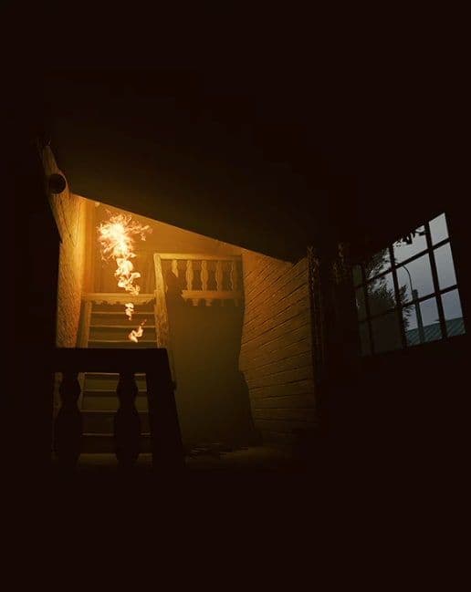 A Fireball burning in the stairwell of a dark wooden house