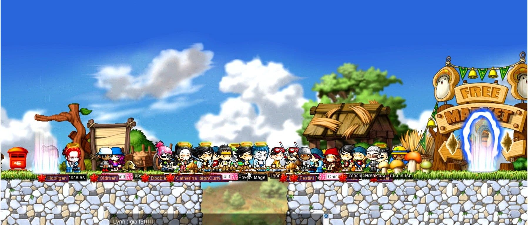 A long line of MapleStory Classic World players gathered outside the Free Market entrance under a blue sky