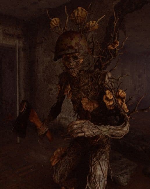 A Dendroid in a soldier's helmet, its body overgrown with roots and orange fungus, holding a rifle