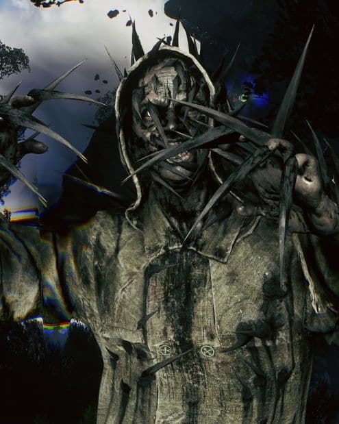 A Hunter-Distorted in a hooded coat, black spines bristling from its face and clawed hands