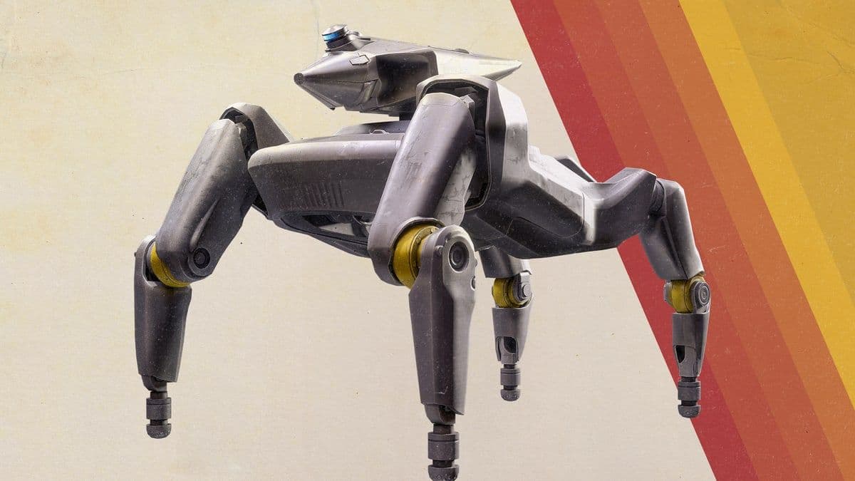 The Bully, a four-legged ARC robot, on Embark's striped Frozen Trail art