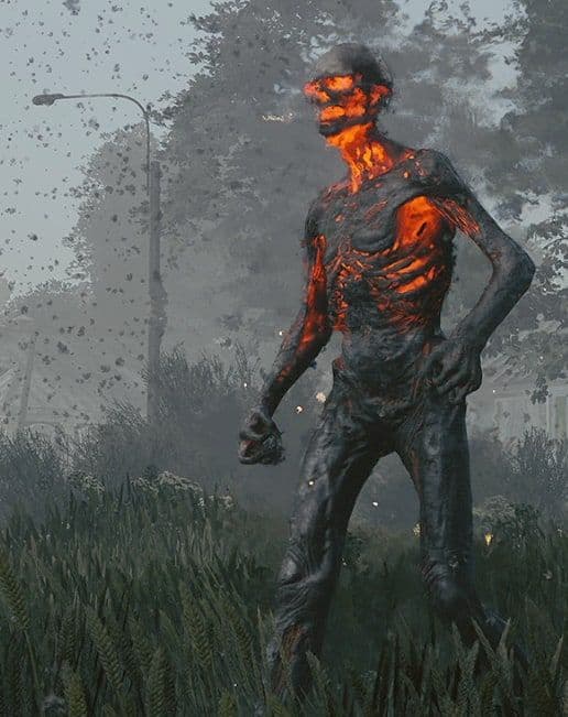 A Scorch, a charred human figure with glowing cracks across its body, standing in a misty forest