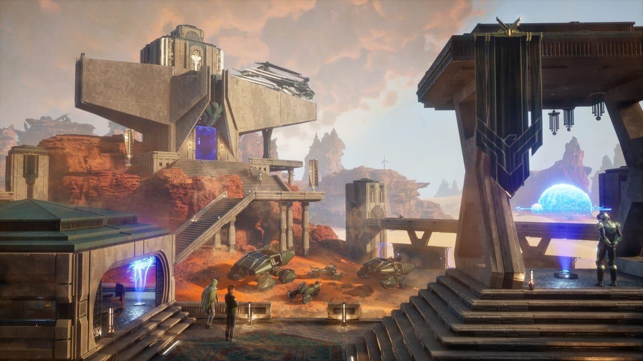 A multi-level desert settlement with walkways and a domed building in Dune: Awakening