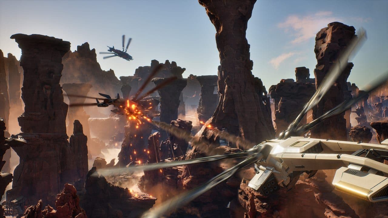 A firefight breaks out among rock spires with an ornithopter overhead in Dune: Awakening