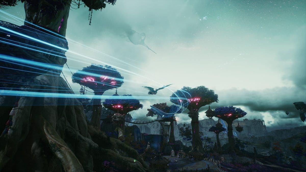 A fleet of glowing airships crosses a misty sky above a forest of giant mushroom-shaped towers in Aion 2