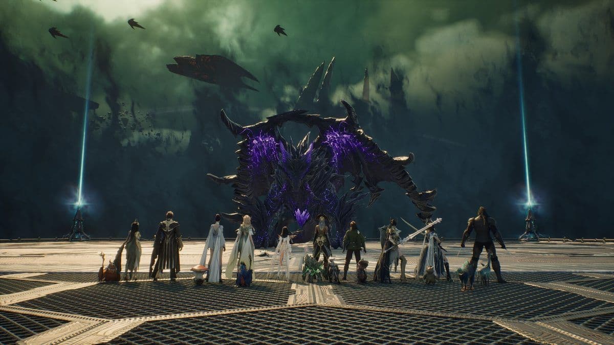 A party of players lines up on a metal platform facing a huge purple-crystal monster in Aion 2