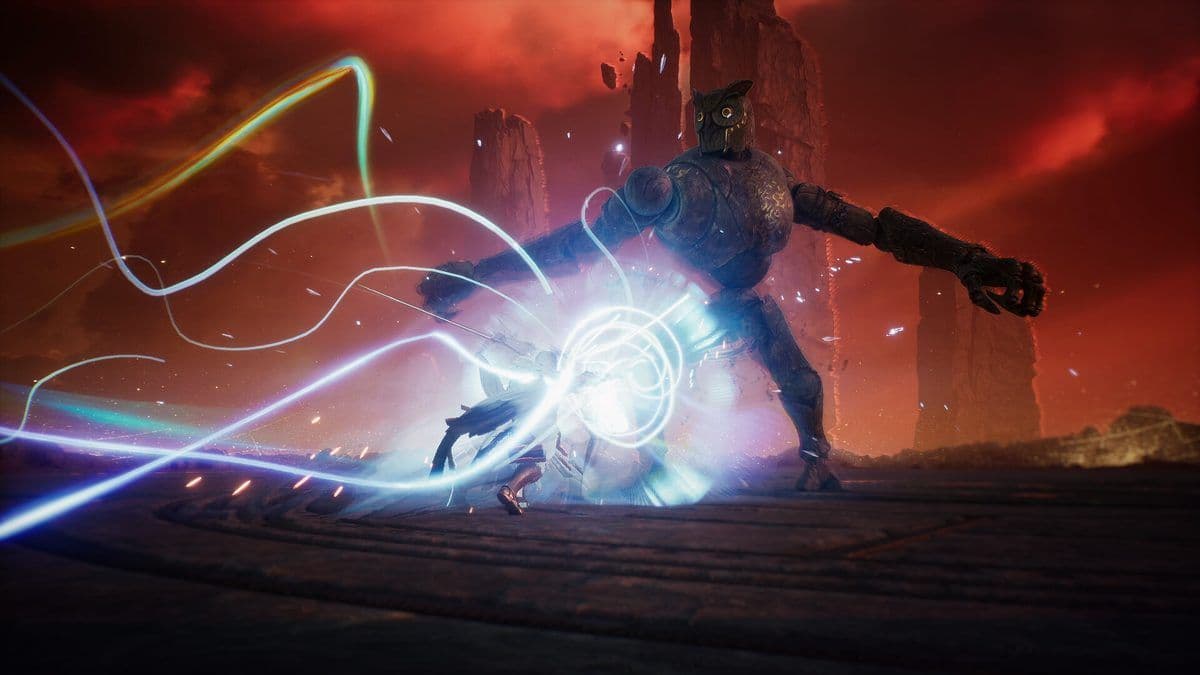 A Daeva casts a swirling beam of light at a towering stone giant under a red sky in Aion 2