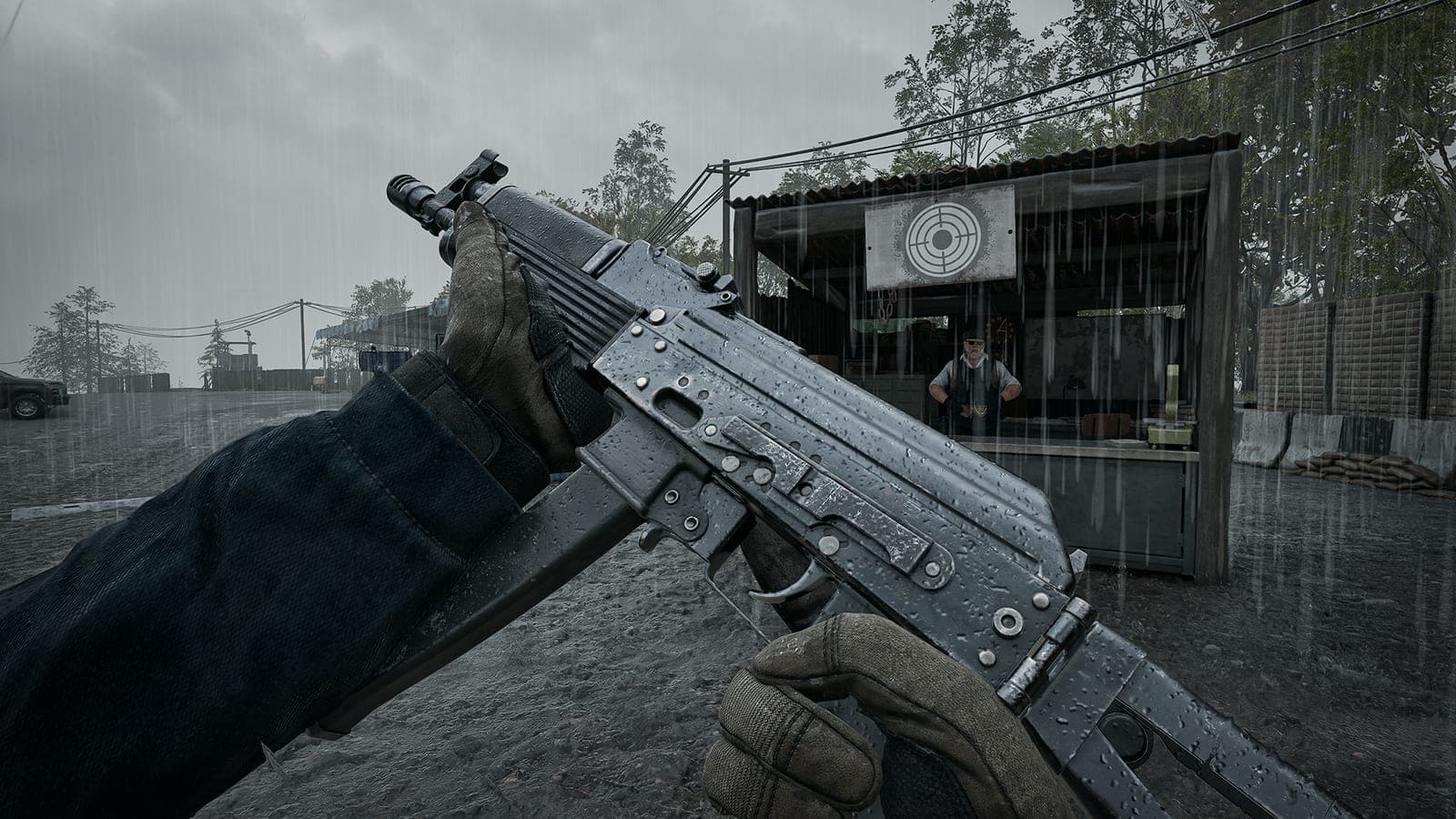 A black PP-19 Bizon held up in first person beside a vendor stall in the rain