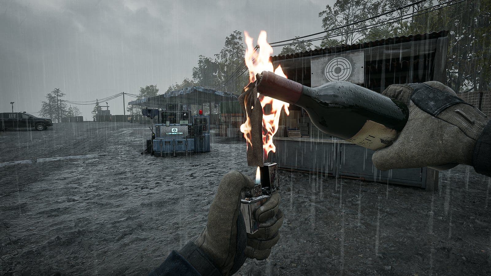 A first-person hand lights a Molotov with a lighter in the rain beside a WARDOGS vendor stall