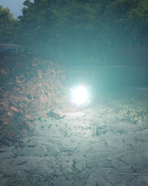 Ball Lightning, a bright glowing sphere hovering over rubble