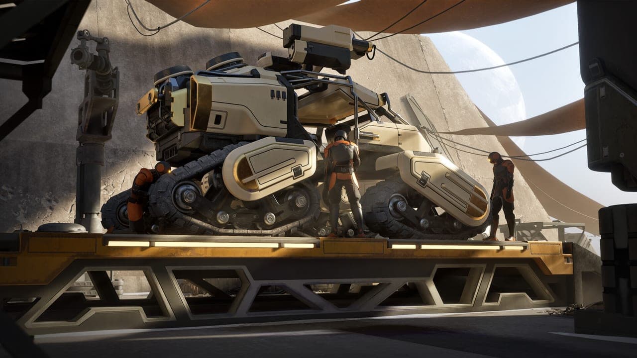 A sand crawler sits on a landing platform against a pale sky in Dune: Awakening