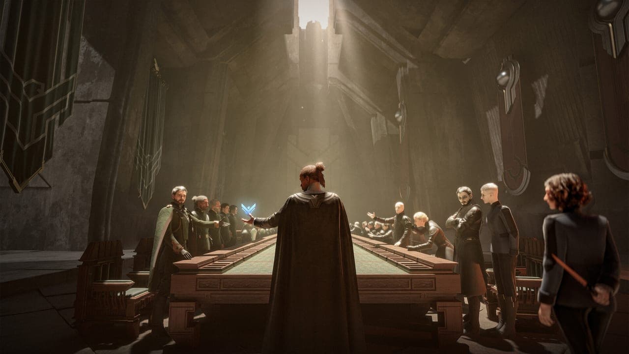 A council of nobles gathers around a long table in a vaulted hall in Dune: Awakening