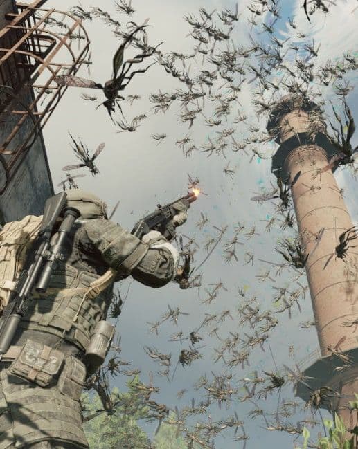 An operative firing a rifle into a Swarm of giant insects circling a brick chimney