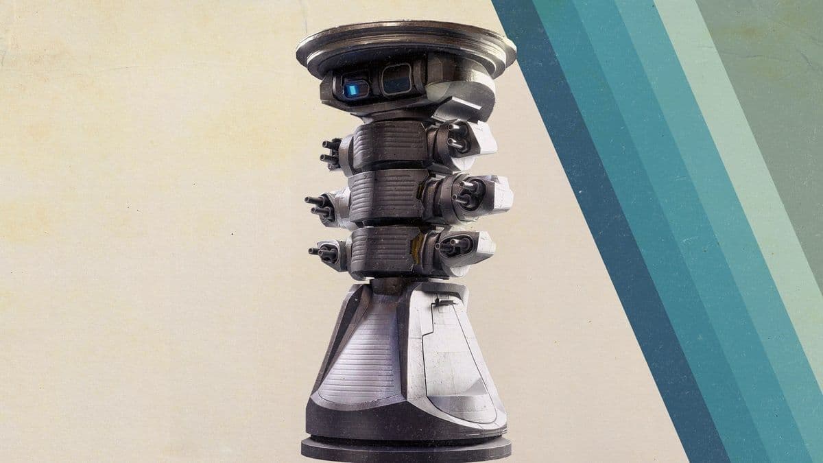 The Hydra, a tall turret built from three stacked sections, on Embark's striped Frozen Trail art