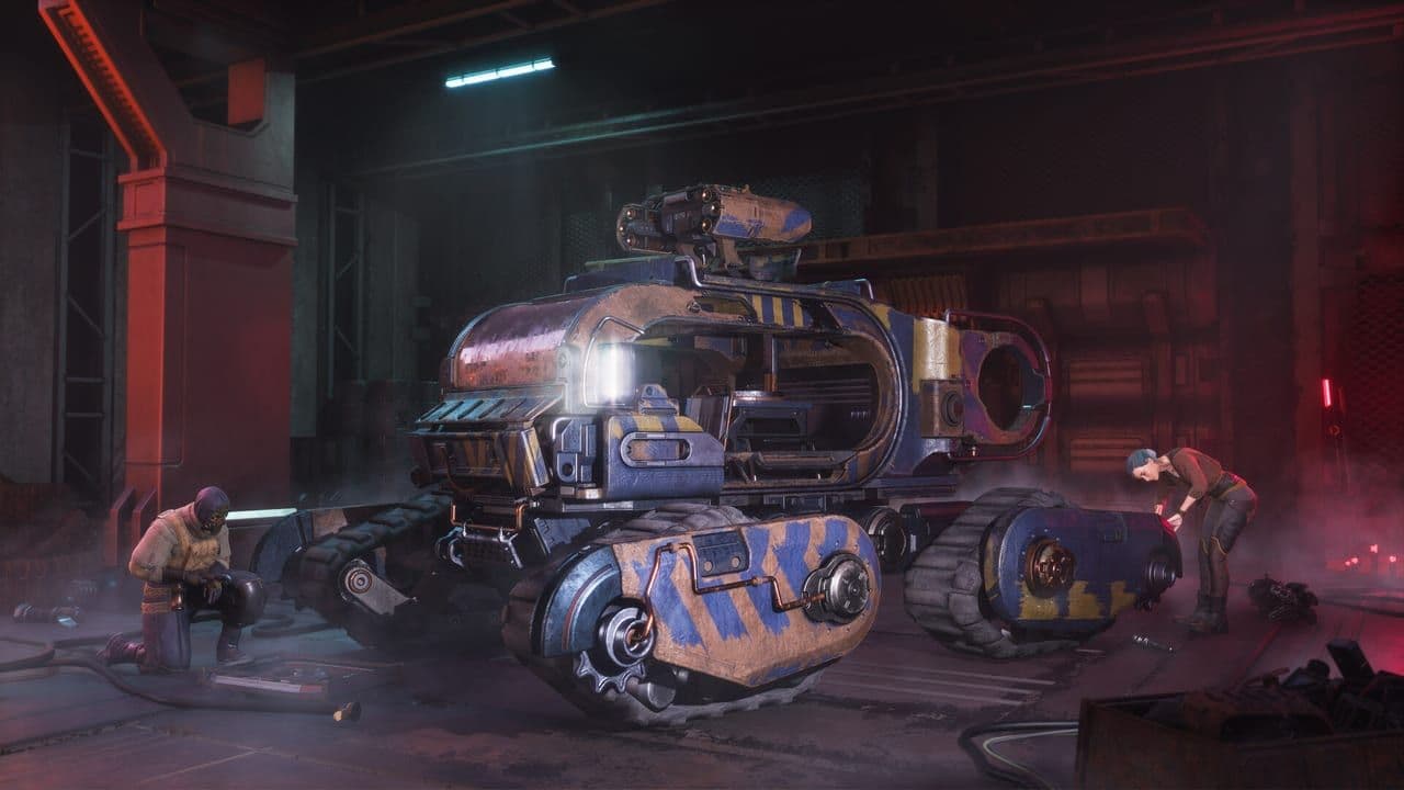 A heavy wheeled vehicle parked in a workshop bay in Dune: Awakening