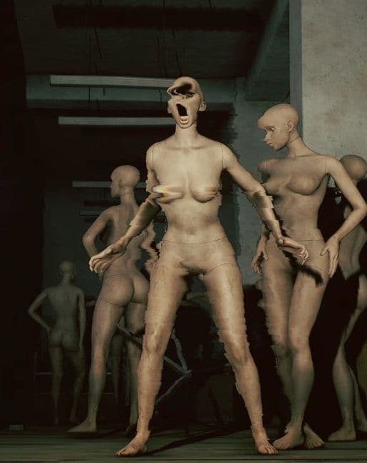 A group of Shy Girls, pale mannequins, one with a distorted screaming face, in a dark room