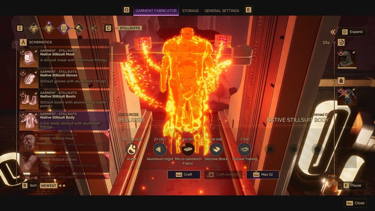 The garment fabricator screen with a glowing stillsuit schematic in Dune: Awakening