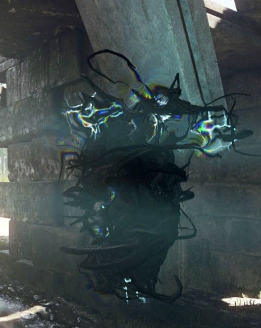 A Devourer colony, a hovering mass of black worms and rainbow discharge in a dark corner