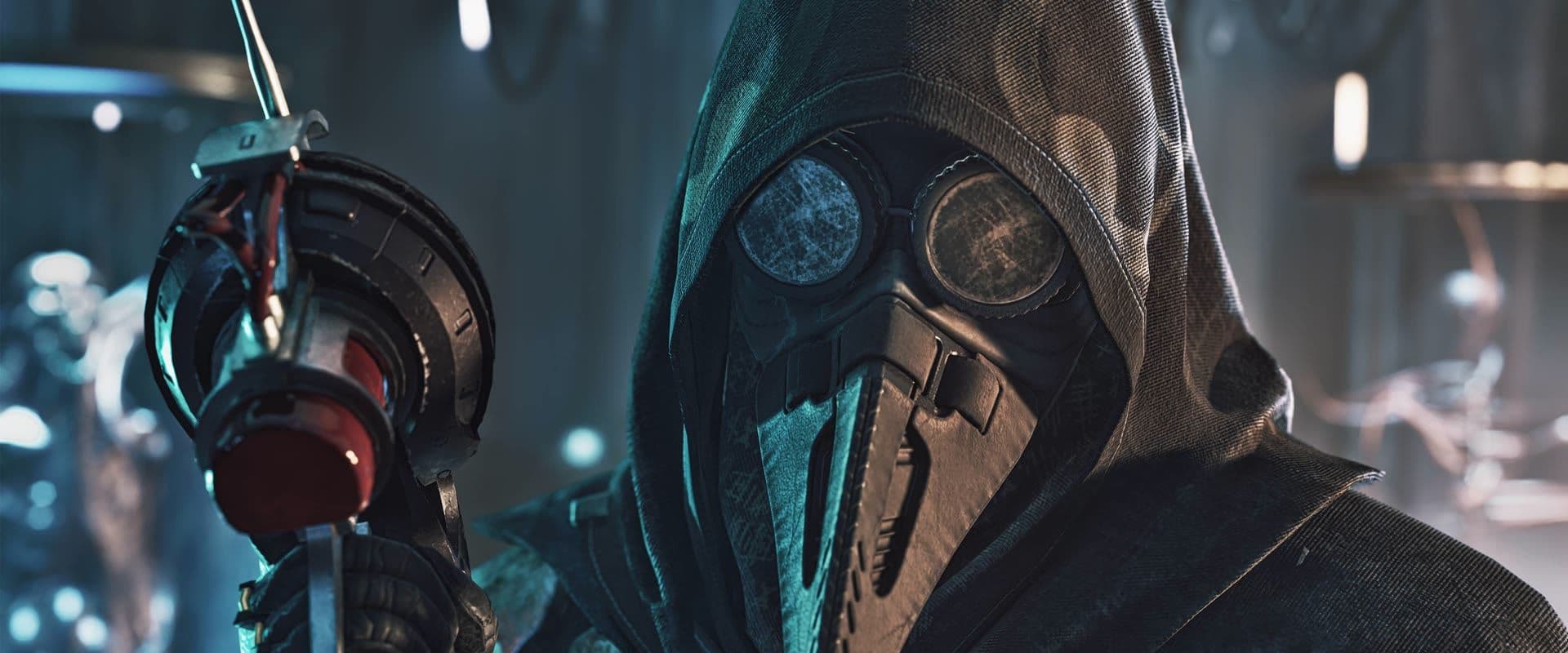 A hooded figure in a beaked plague mask and goggles holds a blood-extraction device in Dune: Awakening's Scourge event art