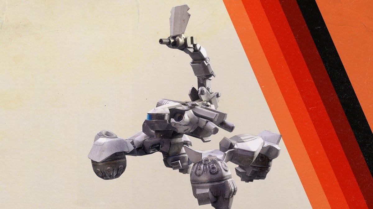 The Skulker, a crouched multi-limbed ARC robot, on Embark's striped Frozen Trail art