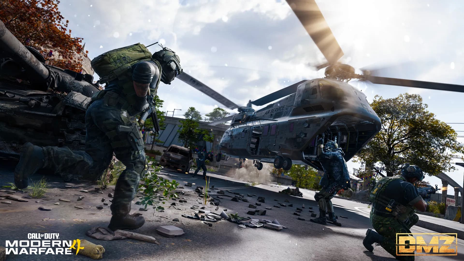 A DMZ squad running toward a landed exfil helicopter in Hajin