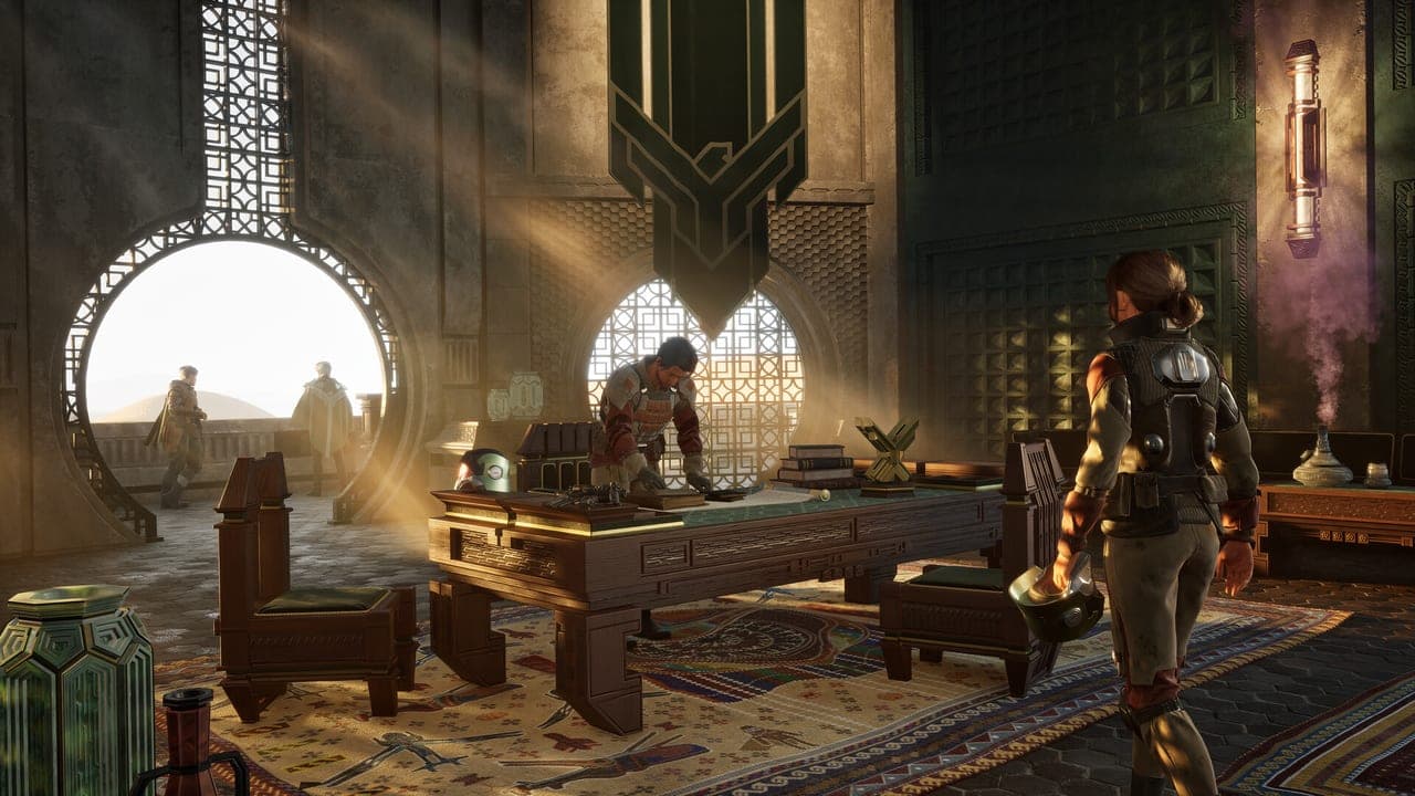 A sunlit office inside a social hub with arched windows and a desk in Dune: Awakening