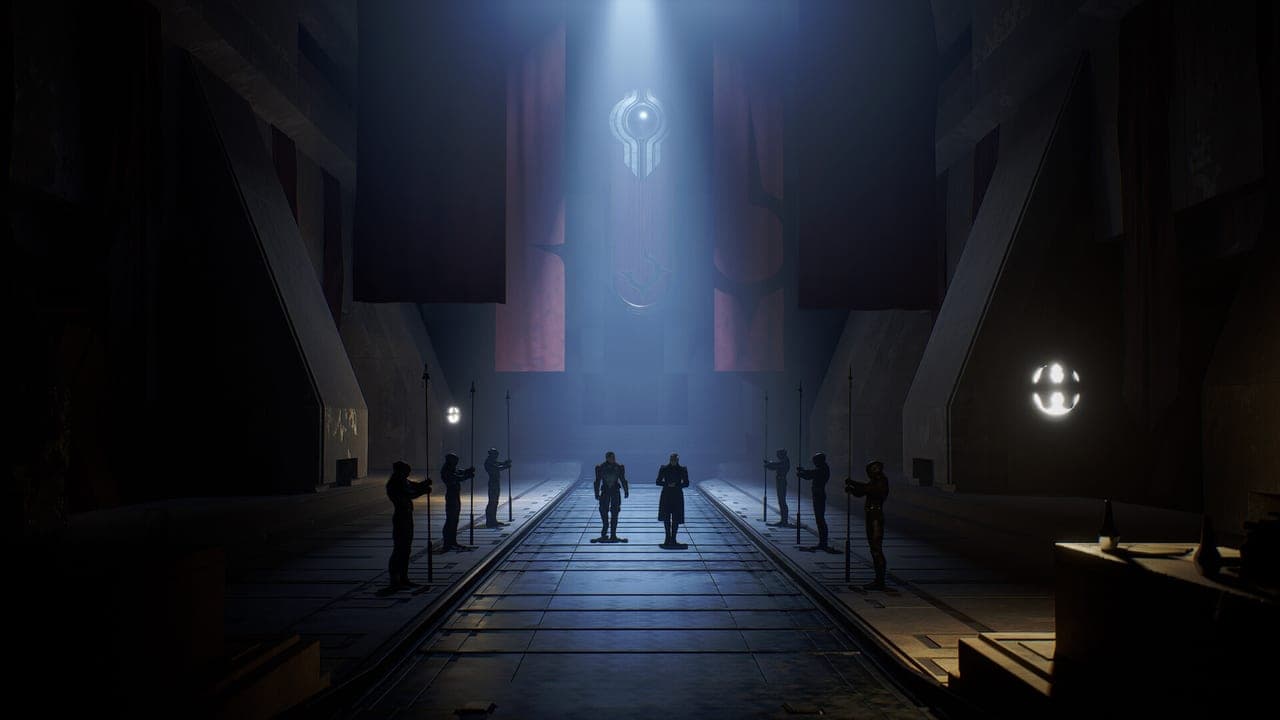Figures walk down a long dark hall toward a shaft of light in Dune: Awakening