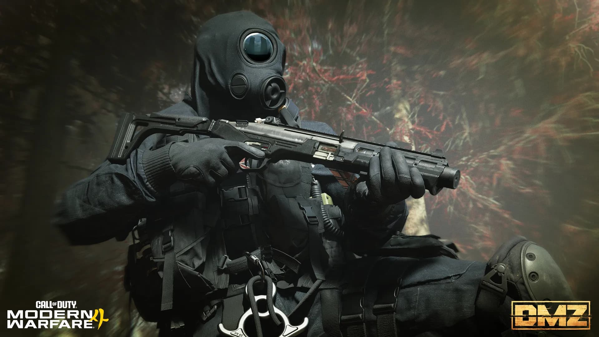 A masked DMZ Operator in dark gear holding a shotgun against a red-lit backdrop