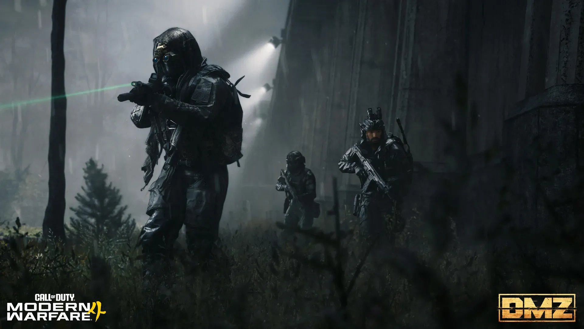 Three armed Operators advancing through a dark, rainy forest beside a concrete wall