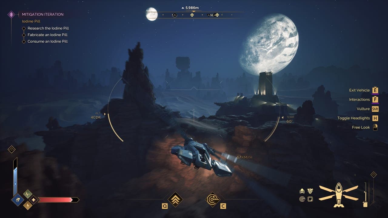 A night-time view over the desert with a scanner overlay and an ornithopter below the moon in Dune: Awakening