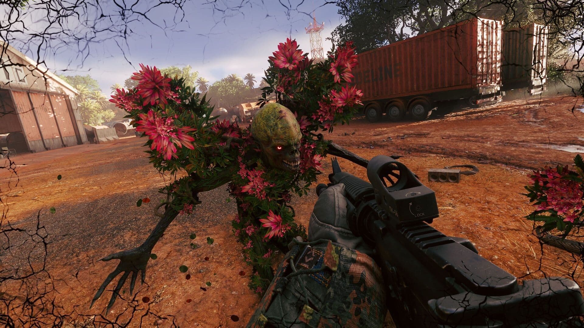 A Flowerman covered in red flowers lunges at an operative aiming a rifle across a red-dirt container yard in Active Matter