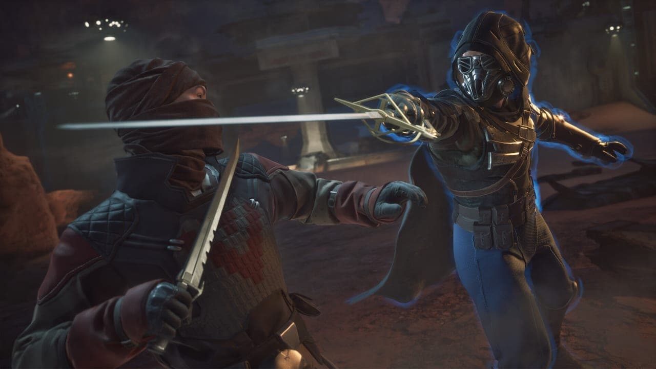Two masked fighters cross blades in a dim hall in Dune: Awakening