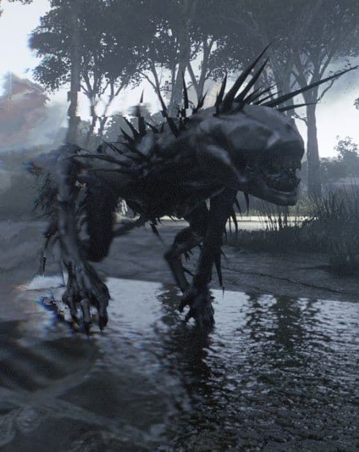 A spined Hellhound stalking through shallow water