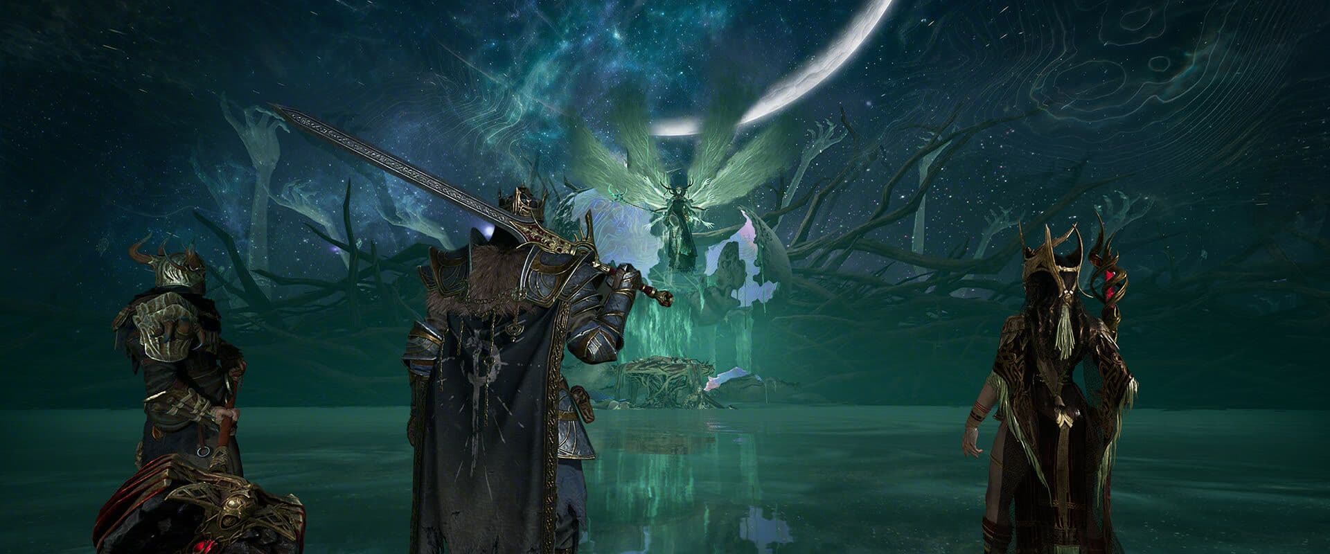 Three Mistfall Hunter fighters stand in shallow water facing a winged boss beneath a crescent moon