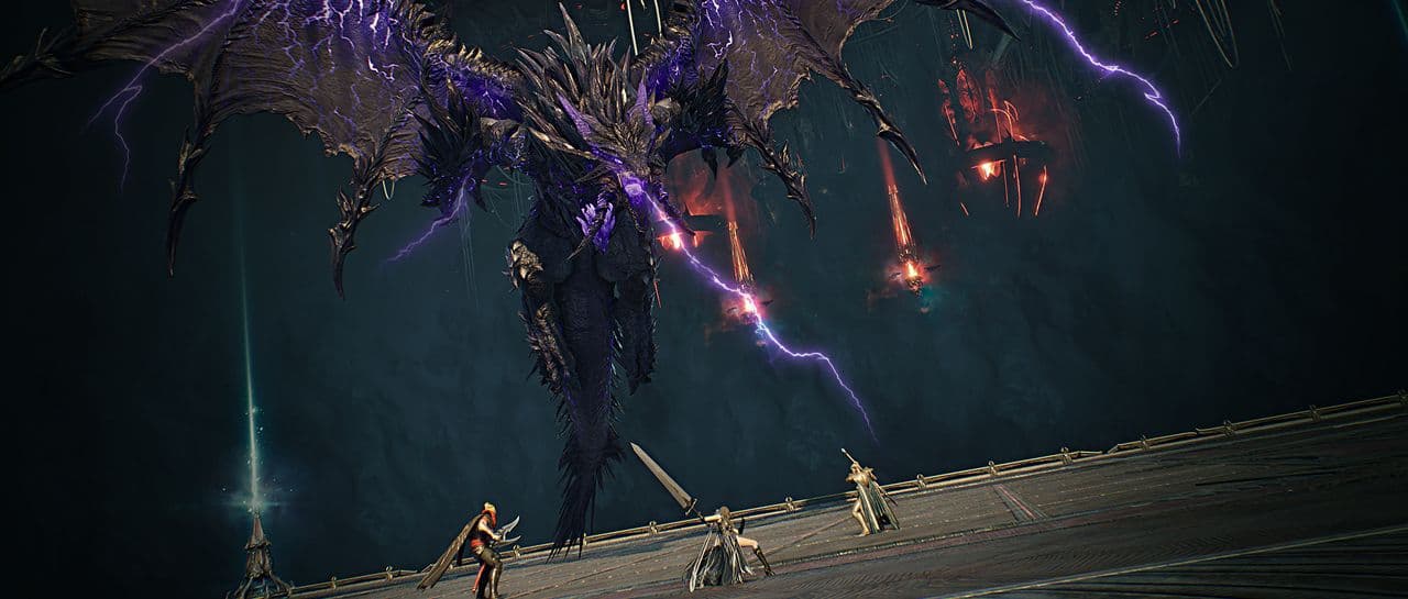 A huge purple-veined dragon looms over three Daevas on a stone bridge in NC's Ludra artwork for Aion 2