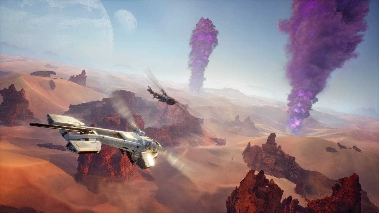 An ornithopter flies past towering purple spice blows over the dunes in Dune: Awakening