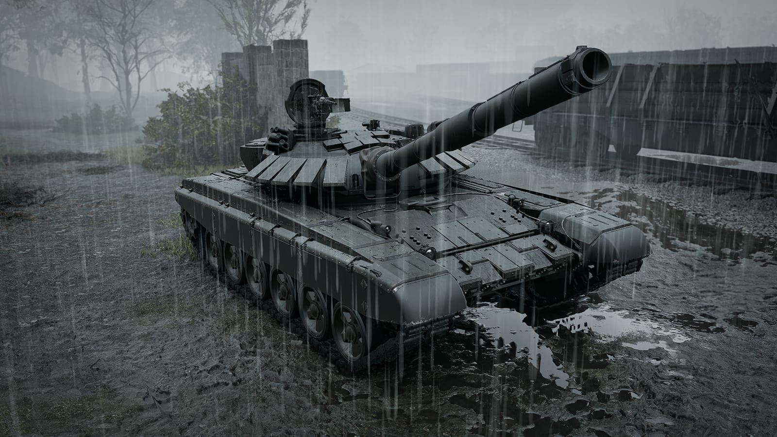 A T-72 main battle tank parked on wet ground in the rain in WARDOGS Season 2