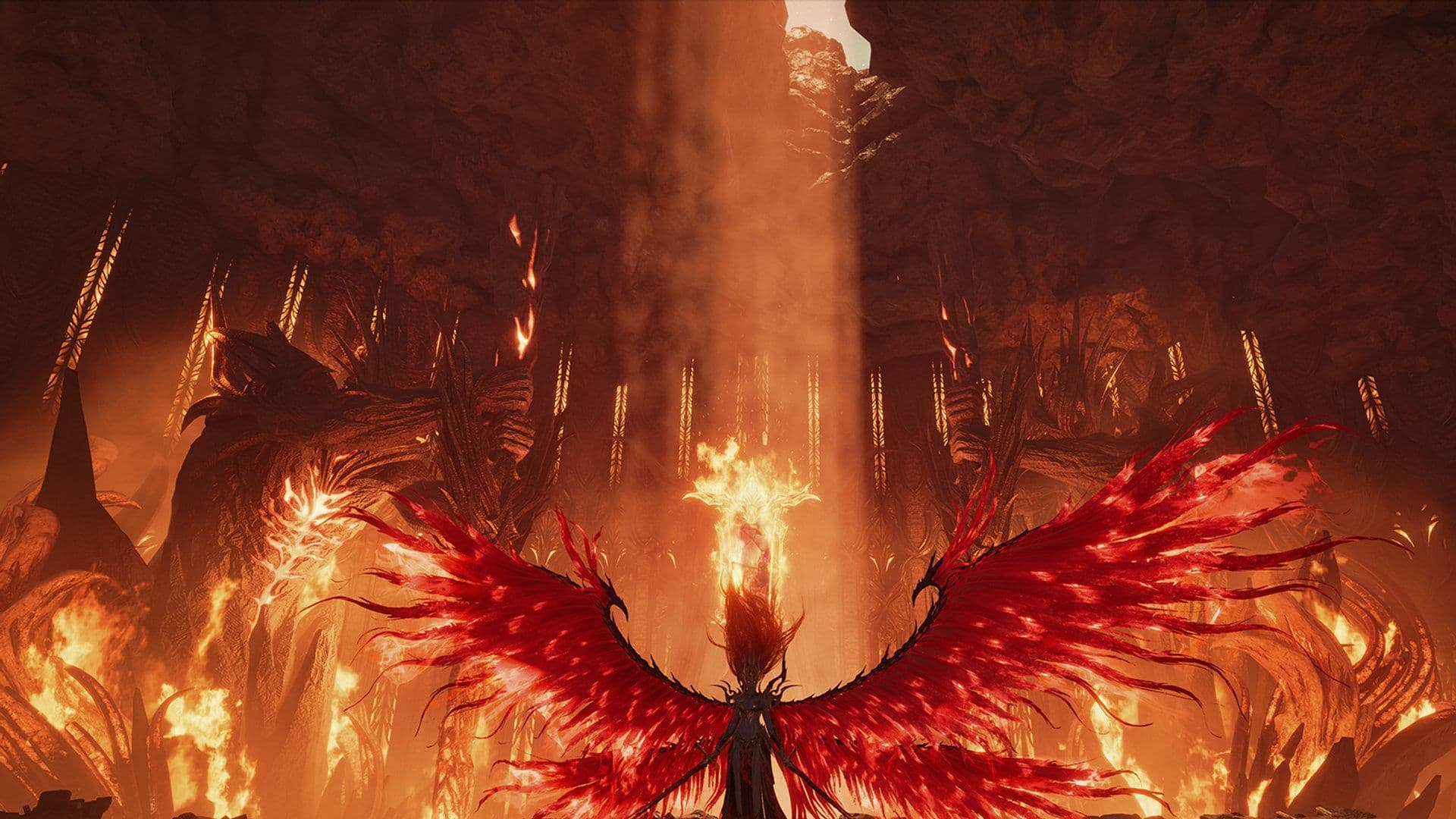 A Daeva with huge crimson wings stands in a burning cavern under a shaft of light in Aion 2
