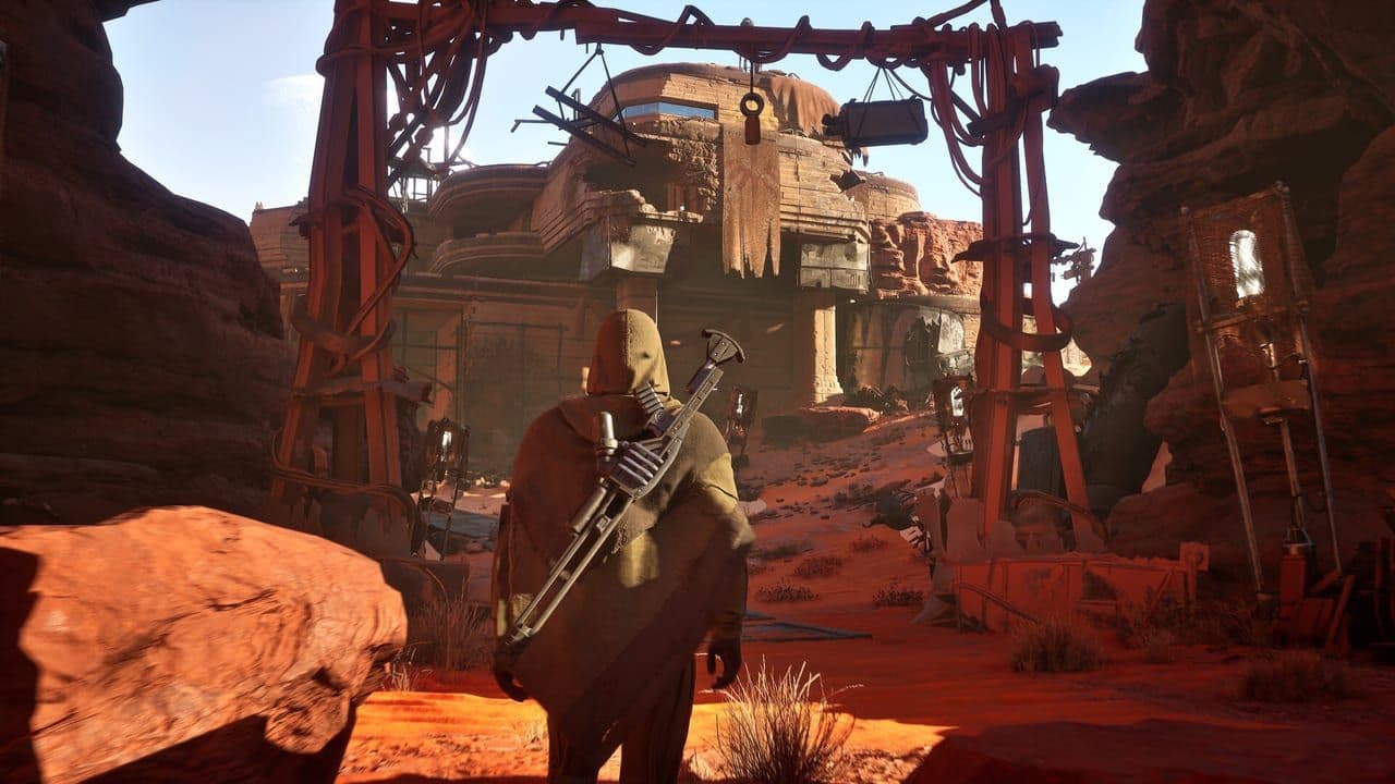 A player meets an NPC at a scaffolded desert outpost in Dune: Awakening