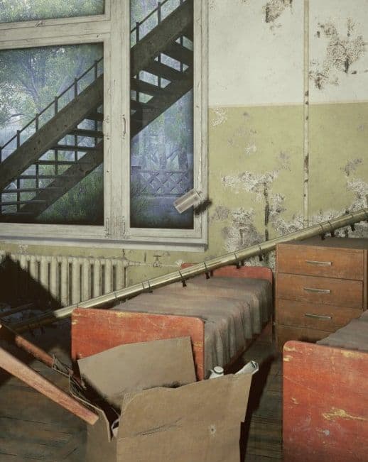 An abandoned dormitory with a pipe and debris hanging in mid-air, thrown by a Poltergeist